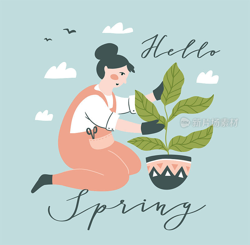 女孩园艺植物。在花园或农场工作的年轻妇女。矢量插图与字母-“Hello spring”
